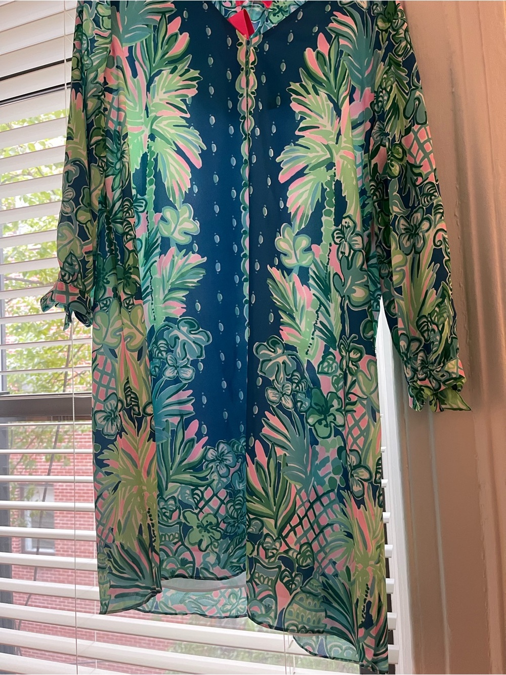 Lilly Pulitzer Blue Green Pink Tropical Print Long Sleeve Dress